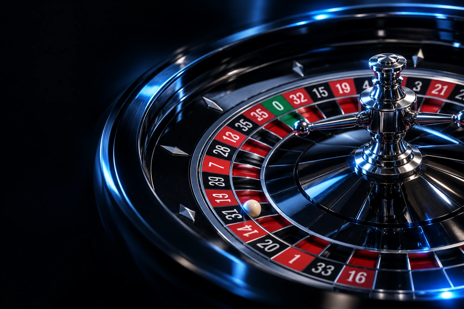 Illustrative chrome roulette wheel under electric-blue studio lighting